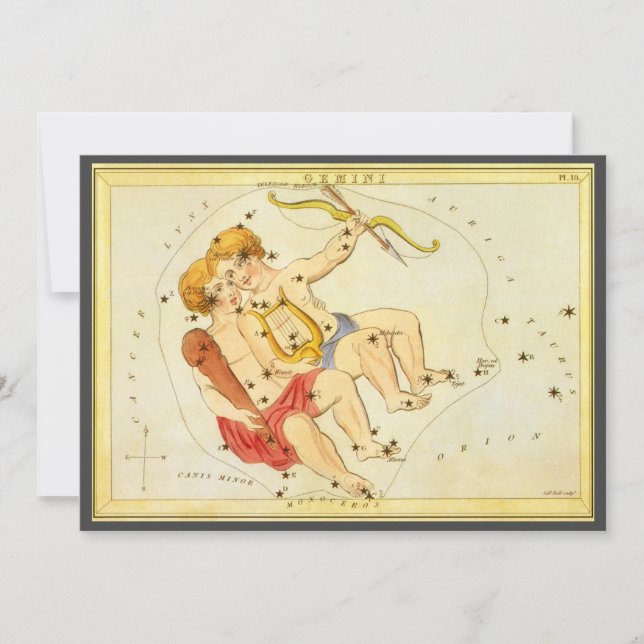 Invitación Gemini Gemelos Constelación Vintage Espejo de Uran (Anverso)