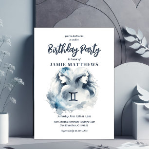 Invitación Gemini Twins Zodiac Rótulo fiesta de cumpleaños te
