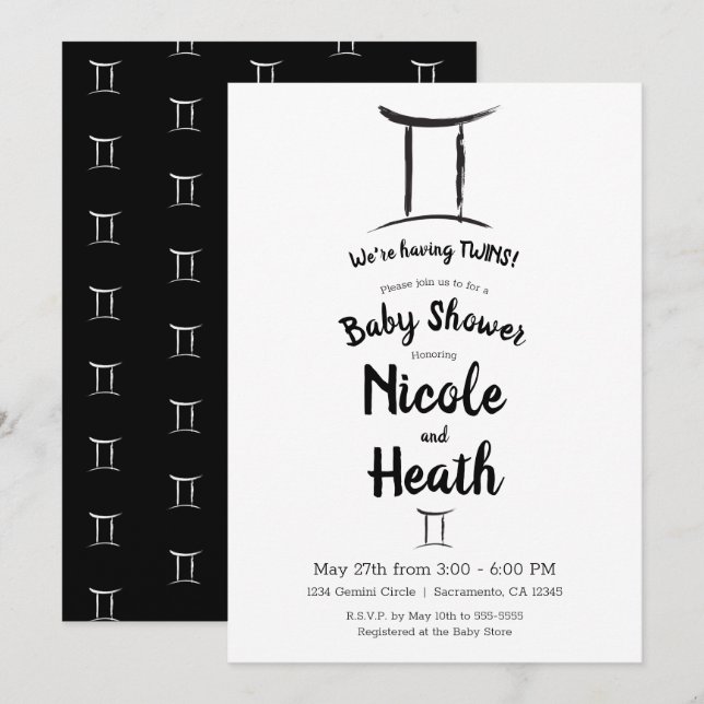 Invitación Gemini Zodiac May June Astrología Baby Shower (Anverso / Reverso)