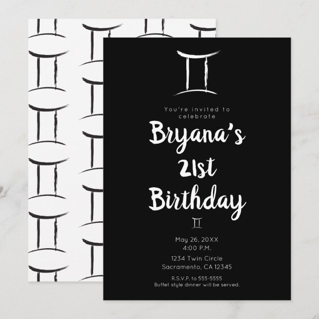 Invitación GEMINI Zodíaco Astrología Fiesta de Cumpleaños May (Anverso / Reverso)