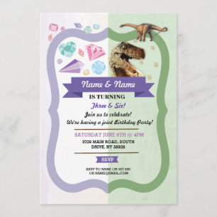 Invitación Gempres y dinosaurios Chicas Gemas de cumpleaños