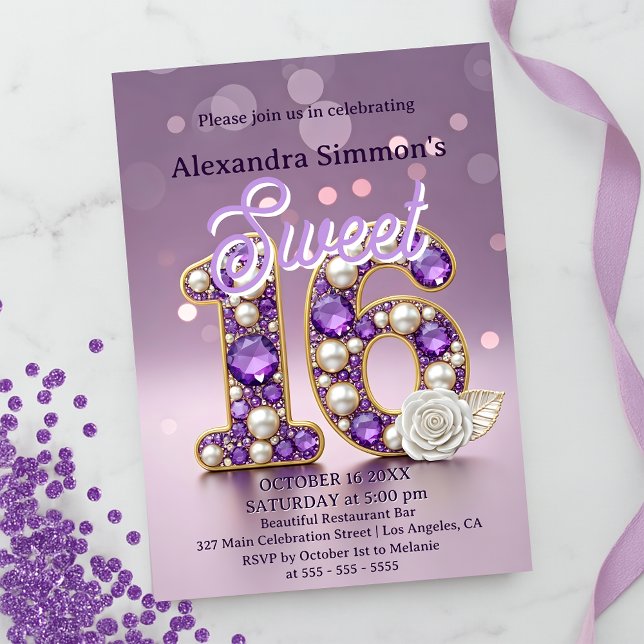 Invitación Gemstone púrpura Purpurinoso y Pearl Sweet 16 Cump (Subido por el creador)