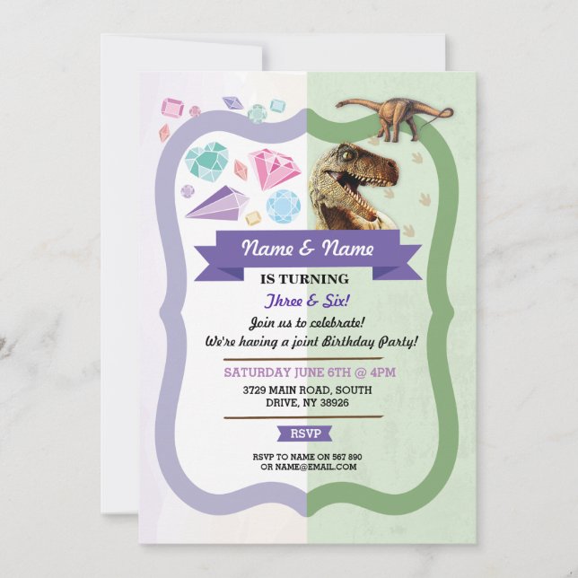 Invitación Gemstones & Dinosaur Joint Boy Chica Gemas de Cump (Anverso)