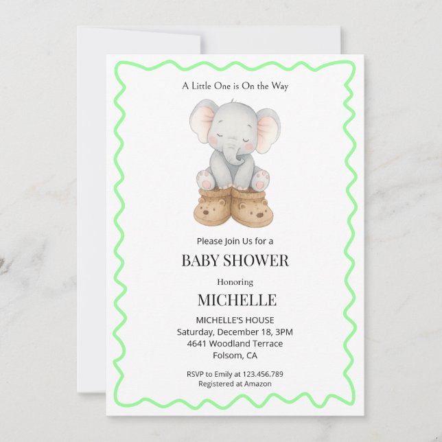 Invitación Gender Neutral Baby Elephant Baby Shower (Anverso)
