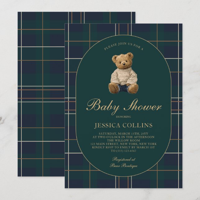 Invitación Gender Neutral Blue Green Teddy Bear Baby Shower (Anverso / Reverso)
