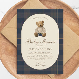 Invitación Gender Neutral Brown Blue Teddy Bear Baby Shower