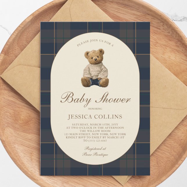 Invitación Gender Neutral Brown Blue Teddy Bear Baby Shower (Gender Neutral Brown Blue Teddy Bear Baby Shower Invitation)