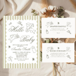 Invitación Gender Neutral doodle cupid Baby Shower Green