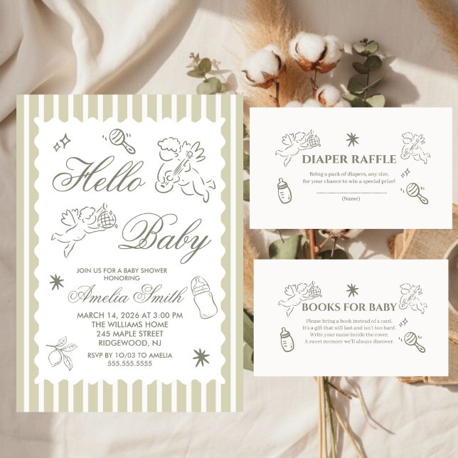 Invitación Gender Neutral doodle cupid Baby Shower Green (Subido por el creador)