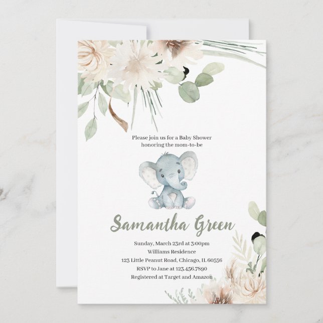 Invitación Gender Neutral Elephant Baby Shower (Anverso)