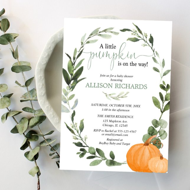 Invitación Gender neutral fall pumpkin eucalyptus baby shower (Subido por el creador)