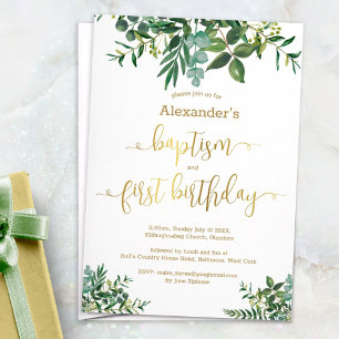 Invitación Gender neutral green gold baptism & 1st birthday