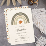 Invitación Gender Neutral Pastel Boho Rainbow First Birthday<br><div class="desc">Gender Neutral Pastel Olive Green Orange Boho Rainbow First Birthday Invitation Card with a cute heart pattern on the back.</div>