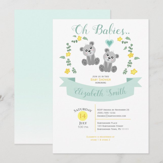 Invitación Gender neutral Twin Cute bear babyshower (Anverso / Reverso)