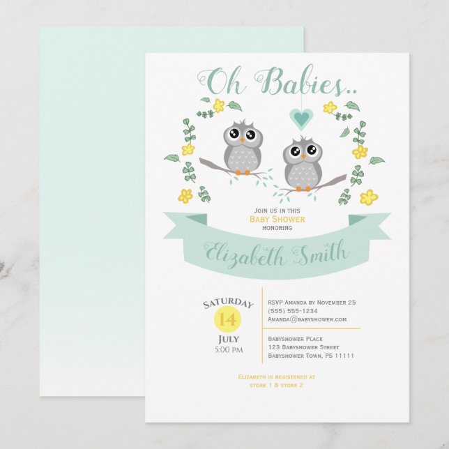 Invitación Gender neutral Twin Cute owls babyshower (Anverso / Reverso)