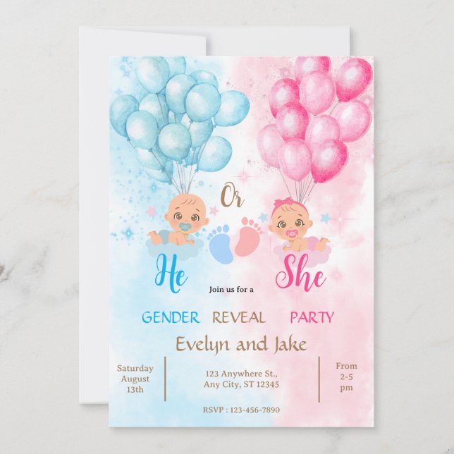 Invitación Gender reveal baby shower blue pink boy girl (Anverso)