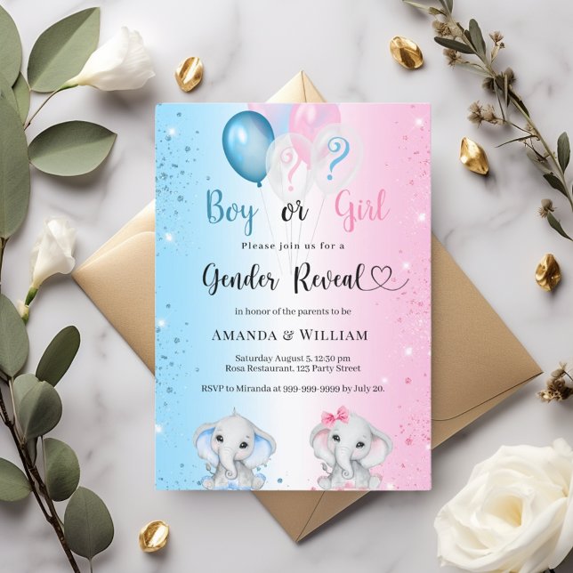 Invitación Gender reveal blue pink boy girl elephants (Subido por el creador)