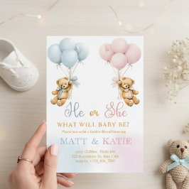 Invitación Gender Reveal "He or She Bear Balloons Blue Pink 