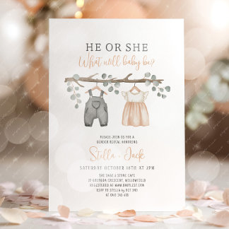 Invitación Gender Reveal He or She Clothesline