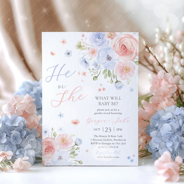 Invitación Gender Reveal He or She Pink Blue Invitation (He or She what will baby be? Pink Blue floral gender reveal invitation)