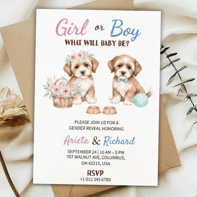 Invitación Gender reveal invitation featuring two puppies (Subido por el creador)