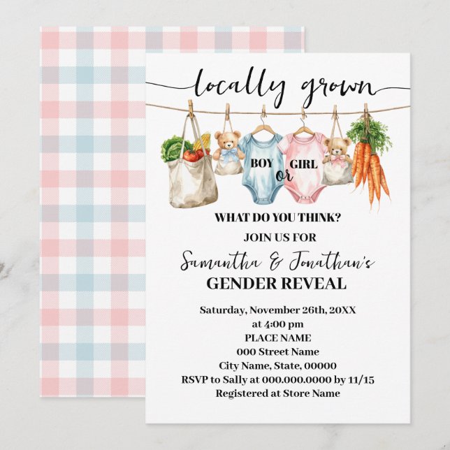 Invitación Gender Reveal Locally Grown Baby is coming (Anverso / Reverso)