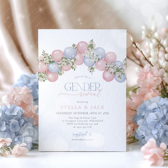 Invitación Gender Reveal Pink Blue Balloon Floral Boy Girl (Pink and Blue Gender Reveal Invitation with balloon garland and florals)