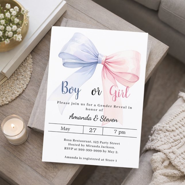 Invitación Gender reveal pink blue bow boy girl (Subido por el creador)