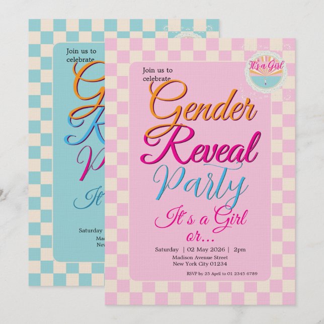 Invitación Gender Reveal Two-Sided Blue-Pink Plaid Checkered (Anverso / Reverso)
