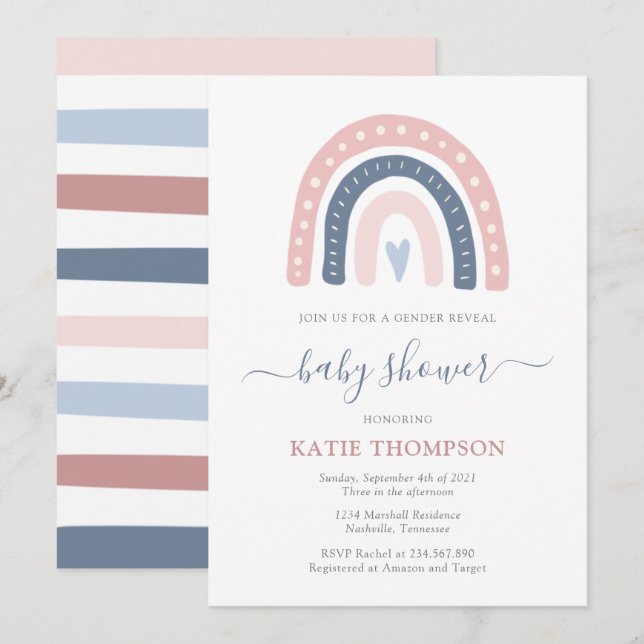 Invitación Género arcoiris rosa y azul revelan Baby Shower (Anverso / Reverso)