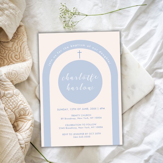 Invitación Género azul Baptismo de la cruz del arco de boho n (Blue Gender Neutral Boho Arch Cross Baptism Invitation)