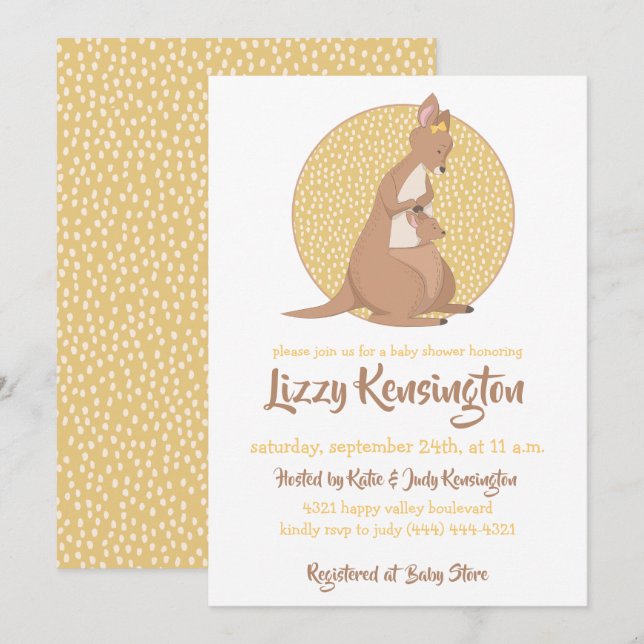 Invitación Género Baby Shower amarillo canguro neutro (Anverso / Reverso)