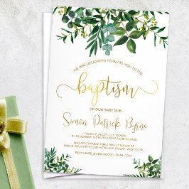 Invitación Género Baptismo Neutral Vegetación y Faux Gold Scr