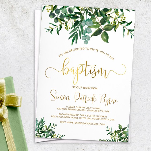 Invitación Género Baptismo Neutral Vegetación y Faux Gold Scr (Subido por el creador)
