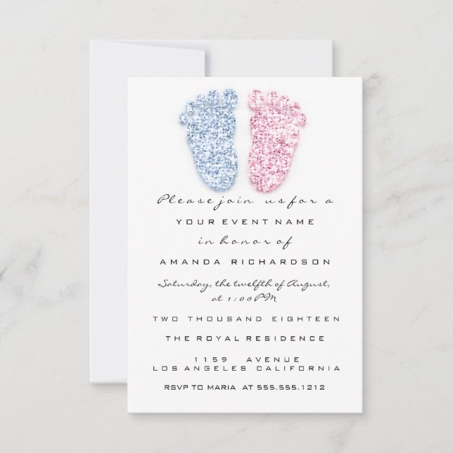 Invitación Género Blue Oink Niña Niño Pies De Ducha (Anverso)