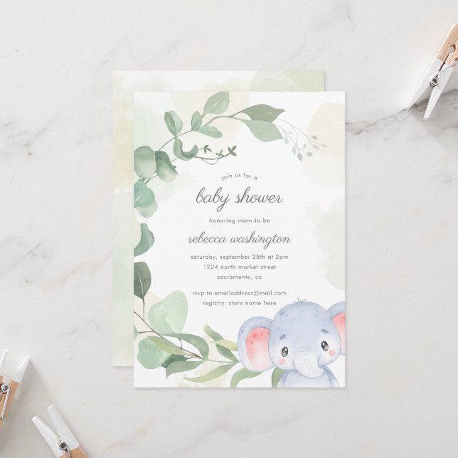 Invitación Género caprichoso Neutral Elefante Baby Shower (Anverso/Reverso In Situ)