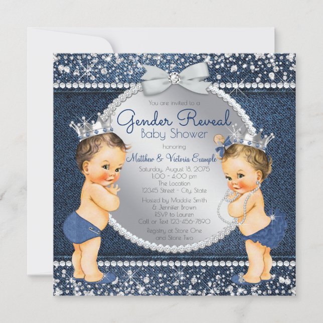Invitación Género de denim y diamantes revelan Baby Shower (Anverso)