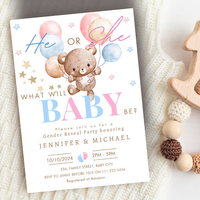 Invitación Género de globo de oso revelan Fiesta niño o Chica (Bear Balloon Gender Reveal Party Boy or Girl Invitation)