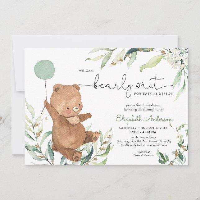 Invitación Género de globo de oso verde Baby Shower neutro (Anverso)