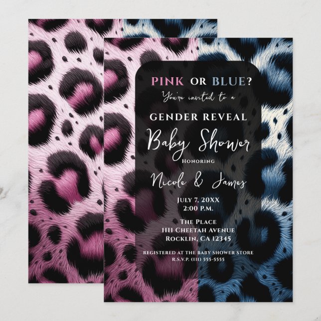 Invitación Género de impresión de leopardo azul rosado revela (Anverso / Reverso)