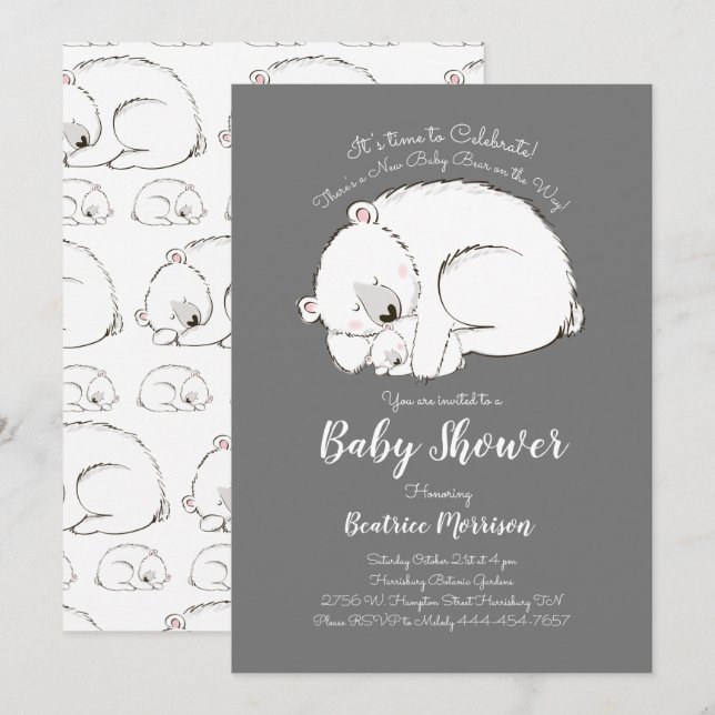Invitación Género de invierno del oso polar Baby Shower Gris  (Anverso / Reverso)