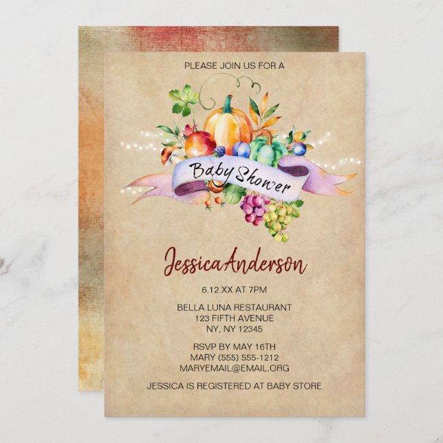 Invitación Género de la calabaza otoñal Baby Shower neutro (Anverso / Reverso)