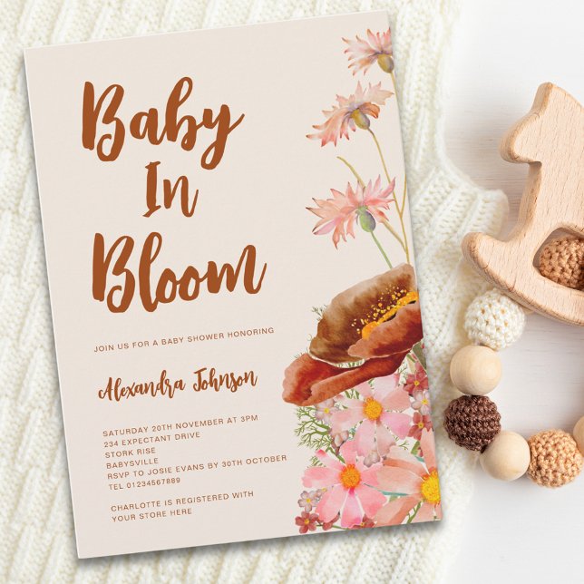 Invitación Género de las flores silvestres Caída neutra Ducha (Wildflower baby in bloom gender neutral fall baby shower with watercolor florals and elegant script)