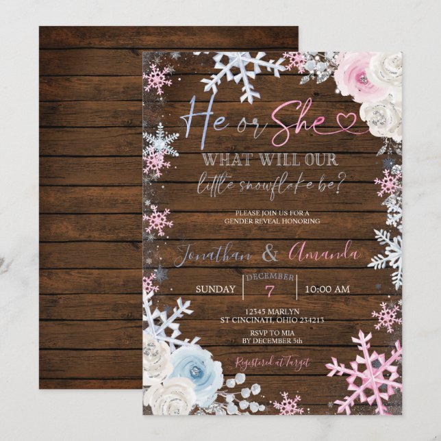 Invitación Género de madera revela copos de nieve rosa y azul (Anverso / Reverso)