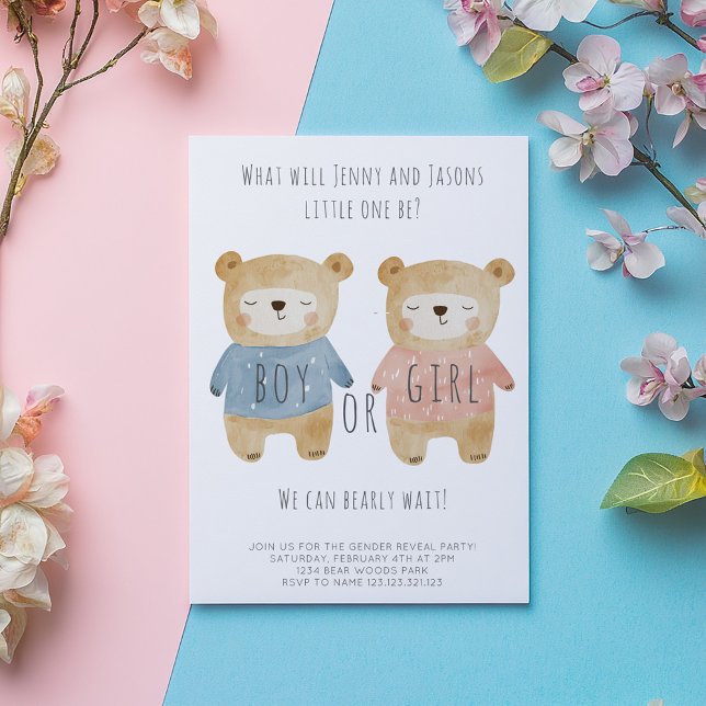 Invitación Género de niño o Chica revelan adorables osos durm (Cute sleepy boy and girl bears in pink and blue gender reveal invitation card.)