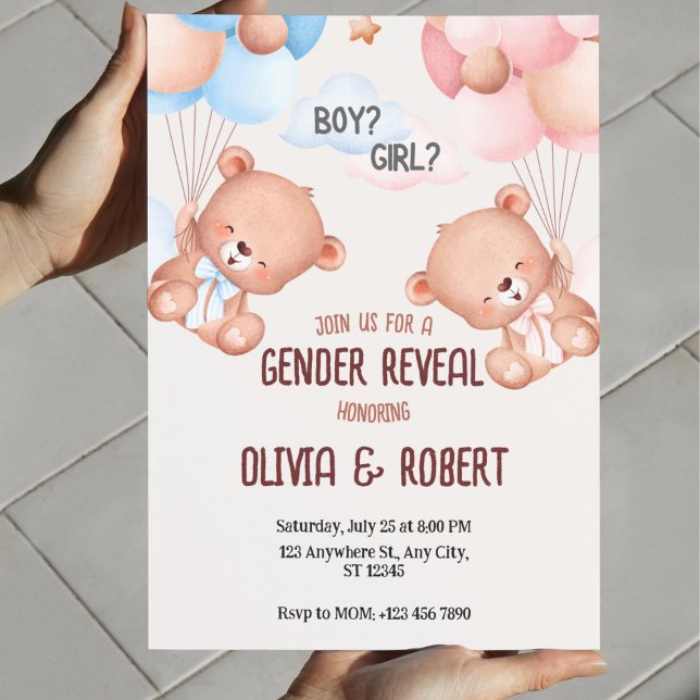 Invitación Género de osito de peluche revelan globos de invit (Gender Reveal Invitation Template Teddy Bear Gender Reveal Invitation)