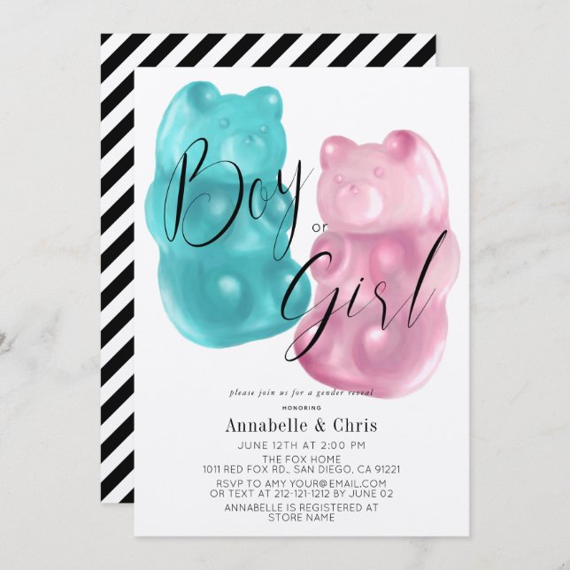 Invitación Género de oso de goma rosa y azul revelación de in (Anverso / Reverso)