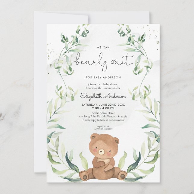 Invitación Género de oso verde Baby Shower elegante neutro (Anverso)