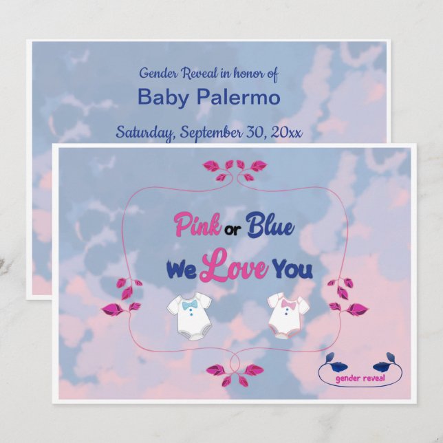 Invitación Género de tinte de tinta rosa o azul revelan invit (Anverso / Reverso)