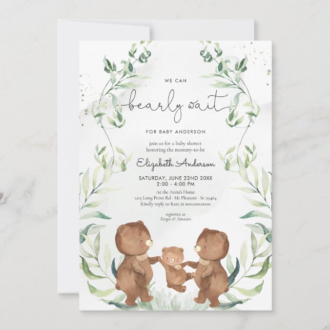 Invitación Género del oso verde Woodland Neutral Baby Shower (Anverso)